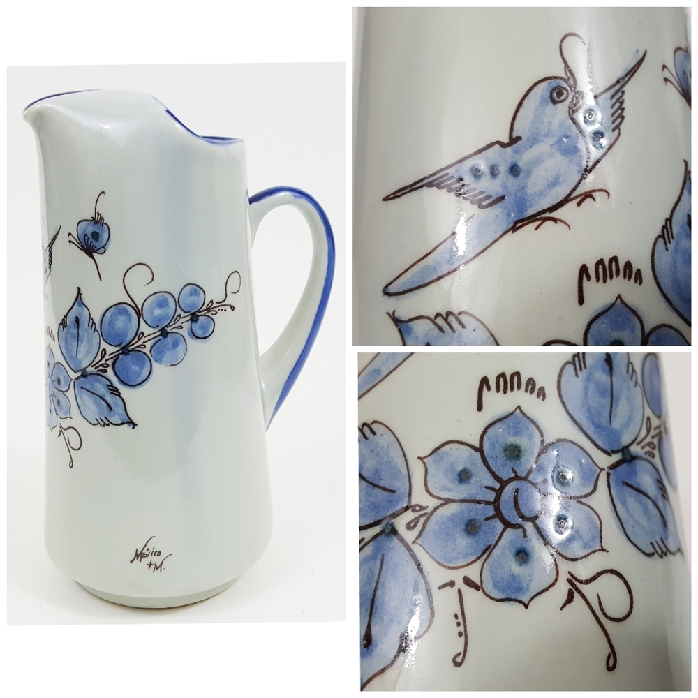 Vintage Salt Stoneware Pitcher Mexico Blue White